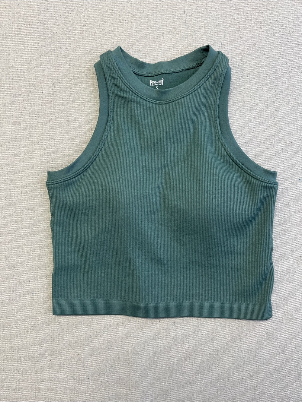 Pro-Fit Seamless Ribbed Cropped Tank Top Built-In Bra Green Small